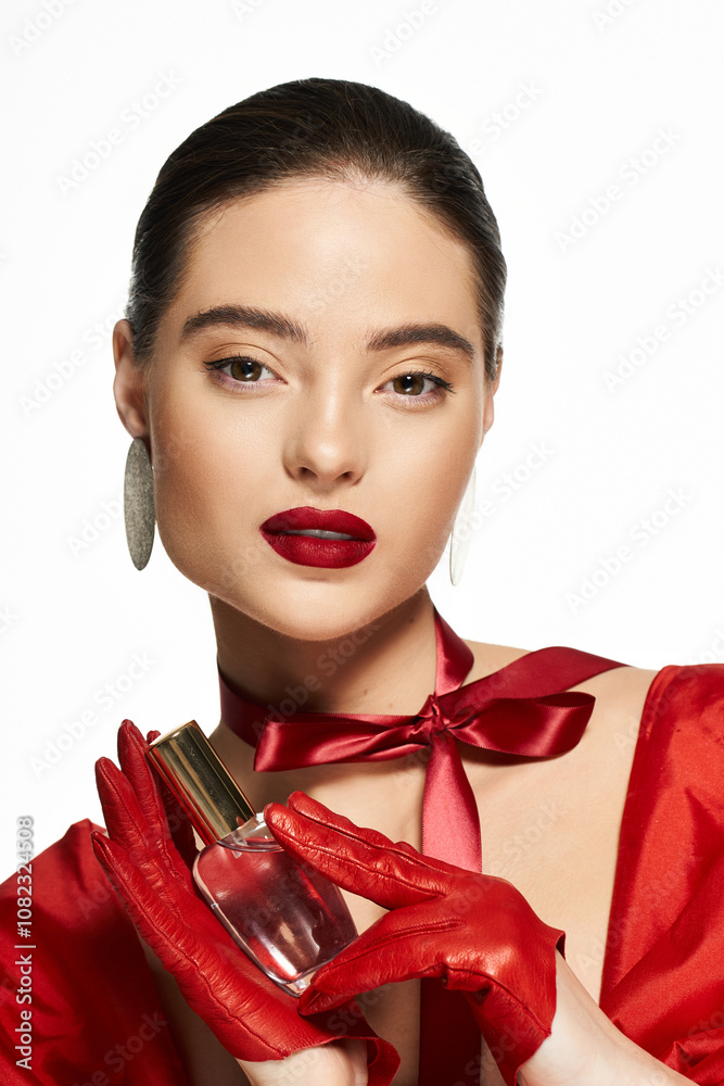 An elegant woman dressed in striking red attire displays a perfume bottle with poise and beauty. An elegant woman dressed in striking red attire displays a perfume bottle with poise and beauty.