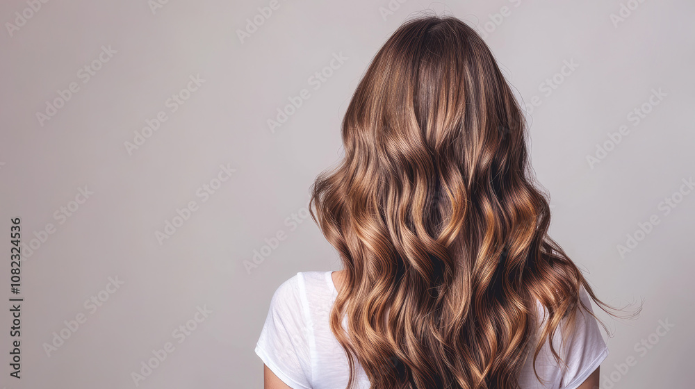 Fototapeta premium Back view of a woman with long, flowing brown hair styled in loose, polished waves cascading from the nape to mid-back. Copy space.
