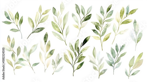 Wallpaper Mural Delicate Watercolor Olive Branches with Muted Green Leaves on White Background Torontodigital.ca