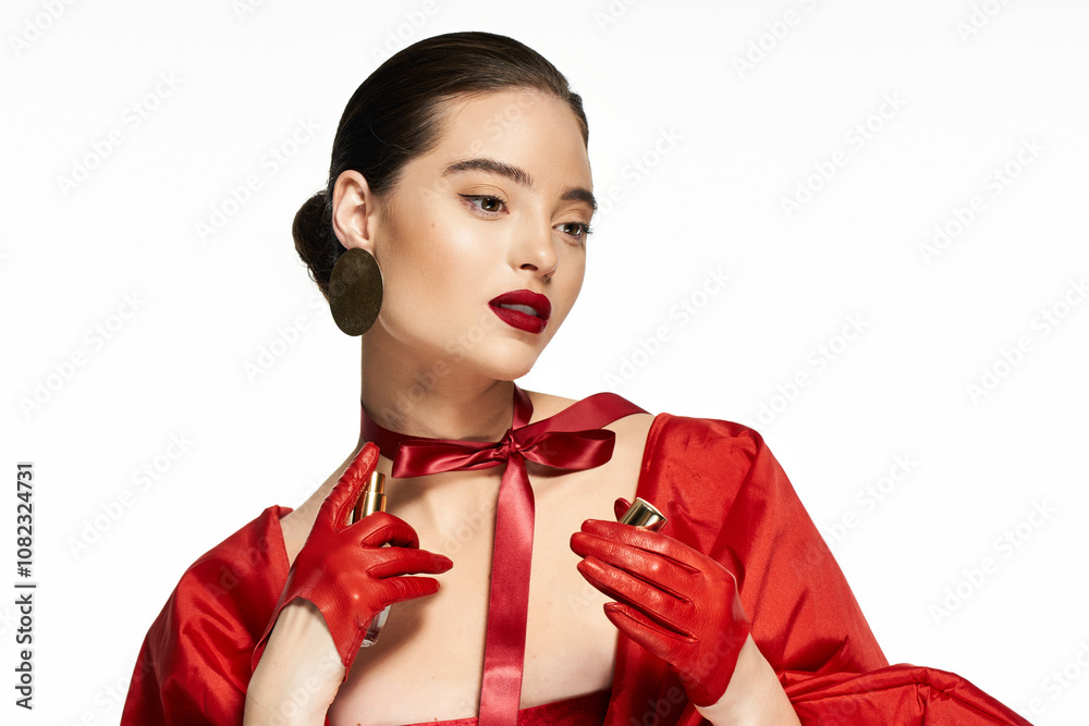 A striking woman dons a vibrant red ensemble while elegantly presenting beauty items. A striking woman dons a vibrant red ensemble while elegantly presenting beauty items.