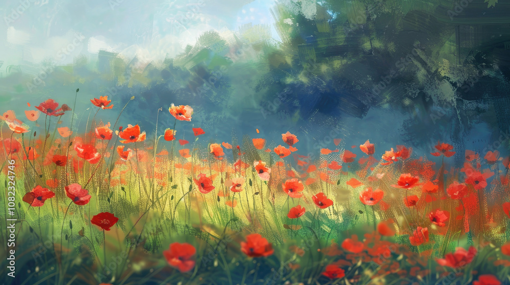 Obraz premium Oil painting of a poppy field in soft pastel tones, blending warm reds and greens. The delicate brushstrokes and selective focus evoke tranquility and artistic charm. Selective focus.