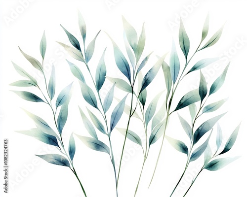 Delicate Willow Leaves Watercolor Arrangement on Serene White Background