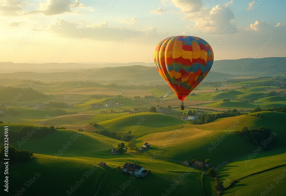 Fototapeta premium A colorful hot air balloon floating over a rural landscape with green fields and rolling hills in the background
