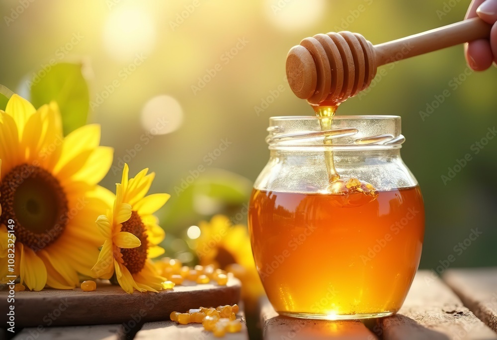 A glass jar filled with golden honey, with a wooden honey dipper dripping honey into the jar