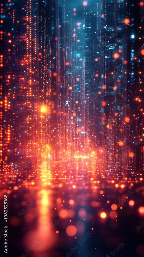 Abstract digital landscape with glowing particles and reflections. Abstract digital landscape with glowing particles and reflections.
