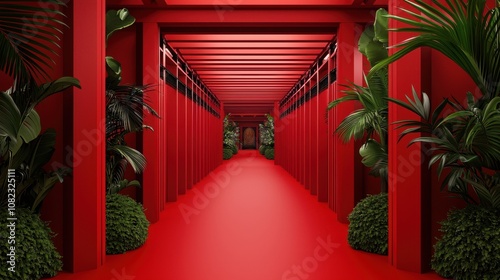 A vibrant red corridor lined with plants, creating a modern and immersive architectural experience.