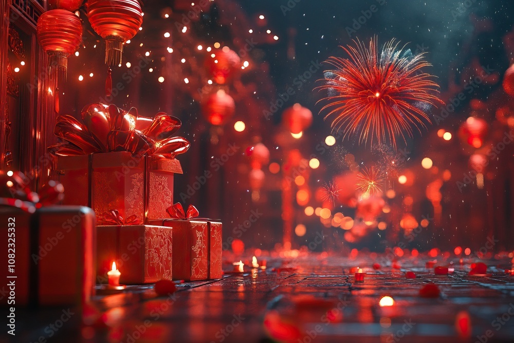 New Year, Gifts, Fireworks, Firecrackers, Lanterns, C4D Style, Dreamy Beautiful Scenes, Red, No Text,generative ai New Year, Gifts, Fireworks, Firecrackers, Lanterns, C4D Style, Dreamy Beautiful Scenes, Red, No Text,generative ai