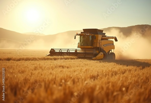 A large yellow combine harvester working in a field, kicking up dust as it moves through the crops photo