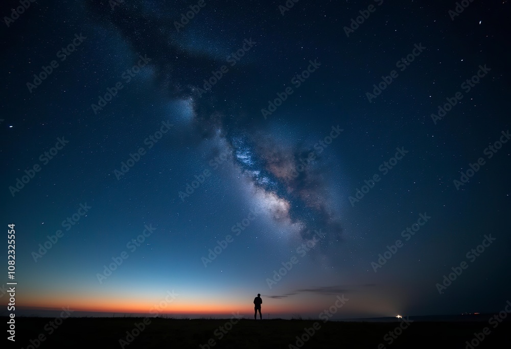 A night sky filled with stars and the Milky Way galaxy, with a faint orange glow on the horizon A night sky filled with stars and the Milky Way galaxy, with a faint orange glow on the horizon
