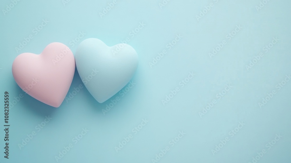 Light blue and pink heart side by side. Creative minimalist Valentine's Day theme with pastel blue background and copy space.