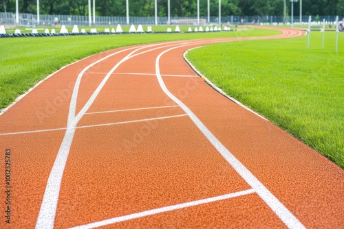 A red running track with white lines curves around a green grass field.