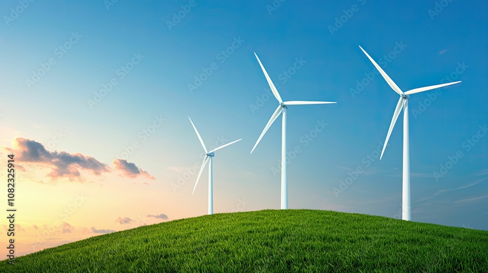 Critical industry concept, Wind turbines stand tall on a grassy hill under a clear blue sky, showcasing renewable energy and sustainability. Critical industry concept, Wind turbines stand tall on a grassy hill under a clear blue sky, showcasing renewable energy and sustainability.