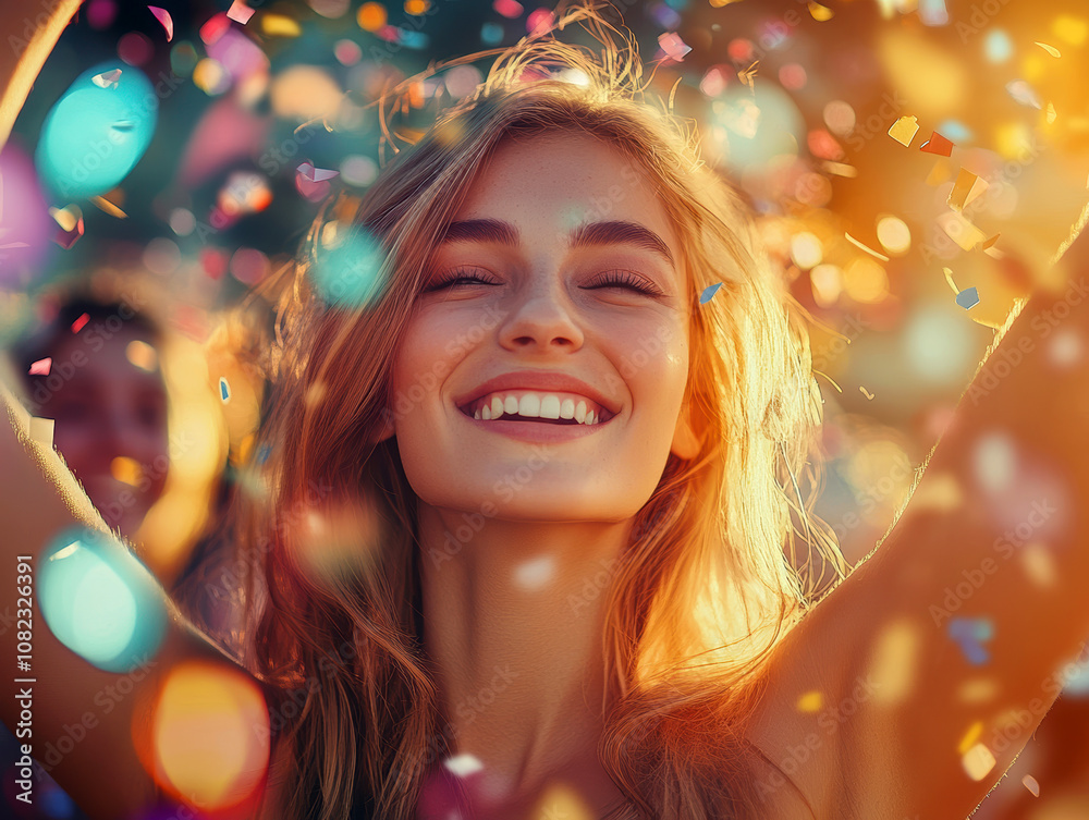 oung woman, celebrating with her arms raised high in the air, surrounded by colorful confetti. AI generative. oung woman, celebrating with her arms raised high in the air, surrounded by colorful confetti. AI generative.