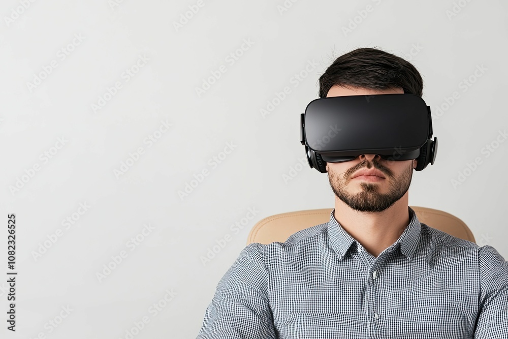 Critical industry concept, A man sitting in a chair, wearing virtual reality goggles and headphones, appears focused on an immersive experience in a modern setting. Critical industry concept, A man sitting in a chair, wearing virtual reality goggles and headphones, appears focused on an immersive experience in a modern setting.