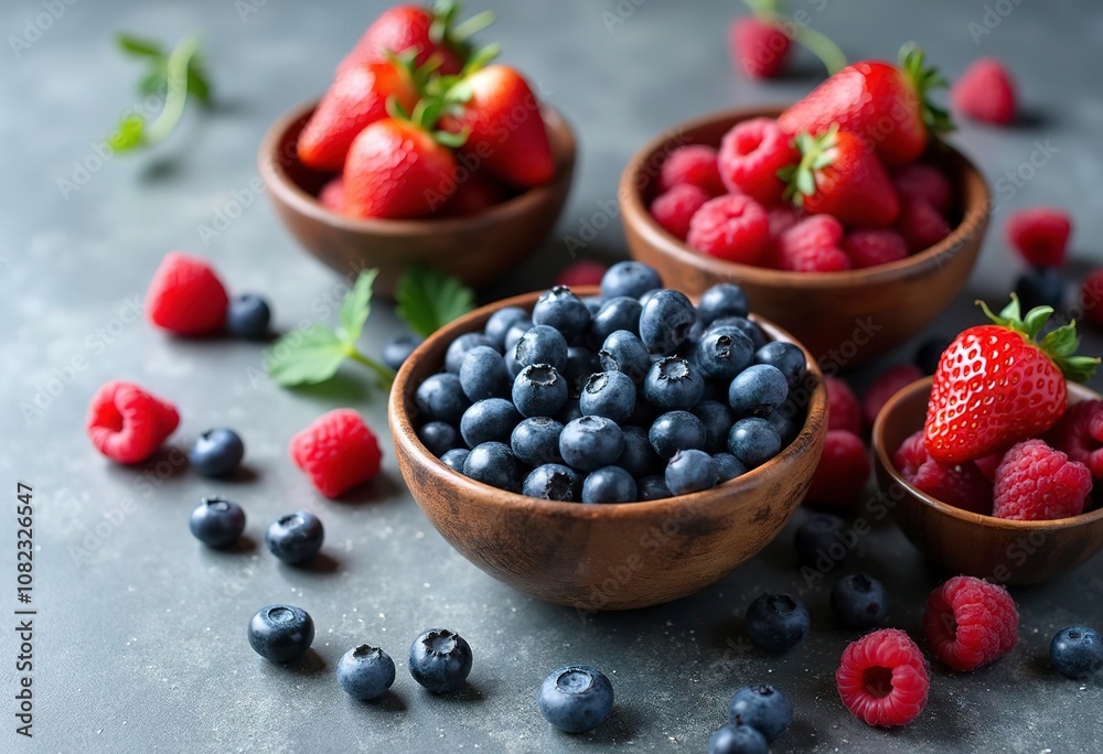 Bowls of fresh mixed berries including strawberries, blueberries, and raspberries on a gray background with scattered berries Bowls of fresh mixed berries including strawberries, blueberries, and raspberries on a gray background with scattered berries