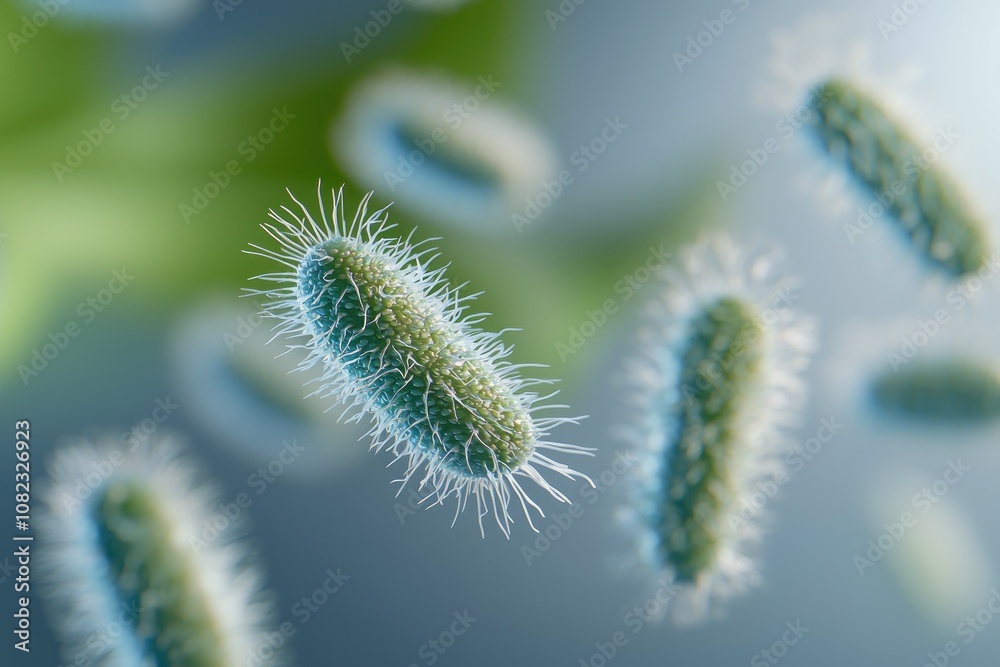 Close-Up View of Vibrant Bacteria with Hair-Like Protrusions on a Soft Blue Background, Illustrating Microbial Life and Its Intricacies in a Scientific Context Close-Up View of Vibrant Bacteria with Hair-Like Protrusions on a Soft Blue Background, Illustrating Microbial Life and Its Intricacies in a Scientific Context