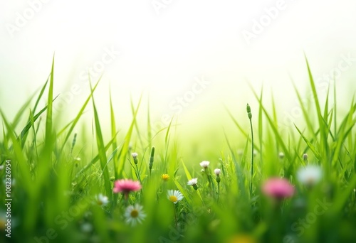 Green grass field with blades of grass filling the frame, against a plain white background