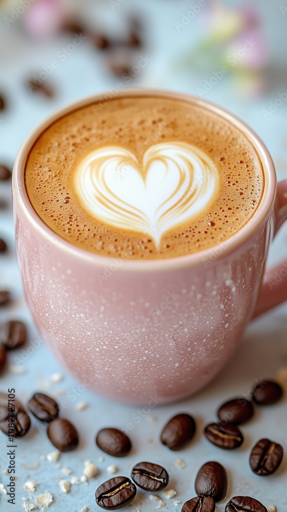 Cozy coffee cup with heart latte art, warm coffee cup surrounded by coffee beans, rustic ceramic coffee cup with latte art design ,morning coffee ritual, barista latte art Cozy coffee cup with heart latte art, warm coffee cup surrounded by coffee beans, rustic ceramic coffee cup with latte art design ,morning coffee ritual, barista latte art