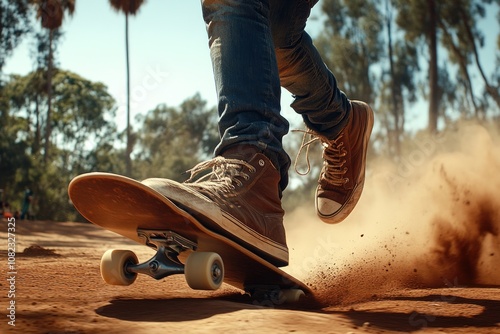 Close up of skateboarder's feet on a board rolling through dirt in a park.