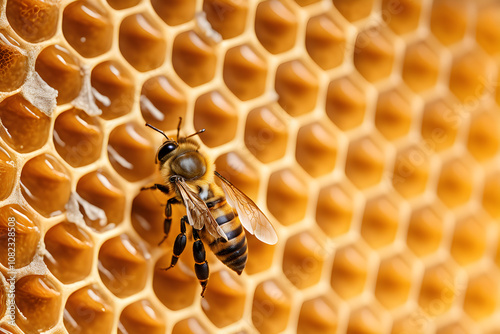 Close-up of one bee working on golden yellow honeycombs or hive hexagonal cells shape pattern copy space on right composition photo