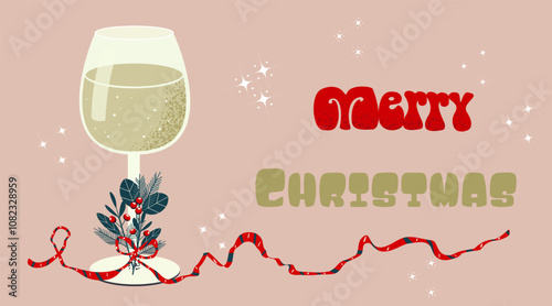 New Year's illustration. A glass with a festive drink, decorated with a fir branch, viburnum berries and a straw. Vector