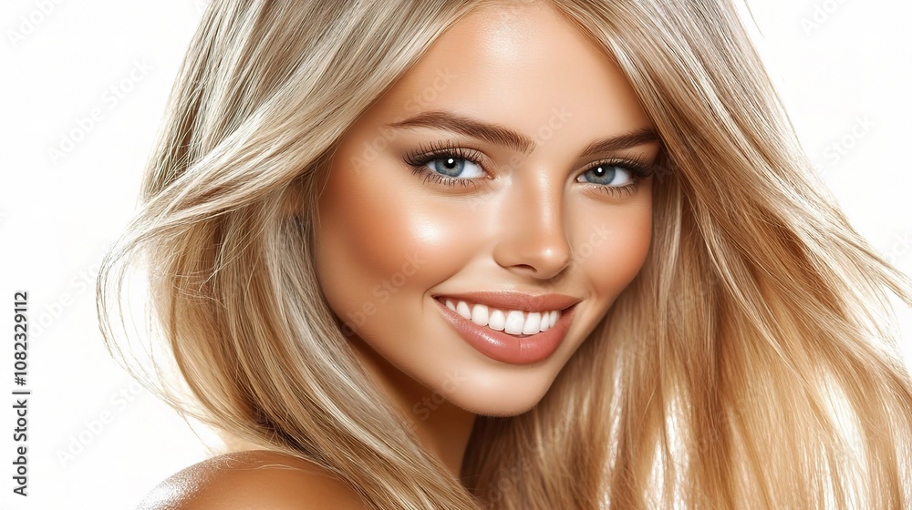 Close-Up Image of a Happy Woman with Long Hair, Isolated on a Light Background, Exuding Joy and Charm with a Vibrant Smile and Radiant Complexion Close-Up Image of a Happy Woman with Long Hair, Isolated on a Light Background, Exuding Joy and Charm with a Vibrant Smile and Radiant Complexion