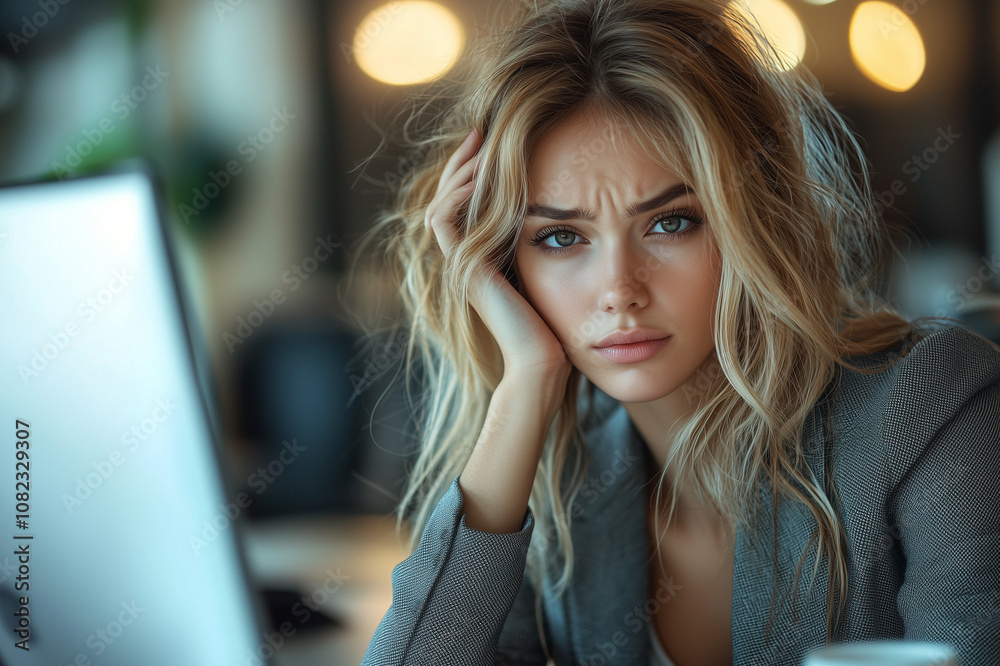 A woman sits in front of a computer with her head propped up by her hand. Concept of solving a problem. Thinking about a task. A woman sits in front of a computer with her head propped up by her hand. Concept of solving a problem. Thinking about a task.