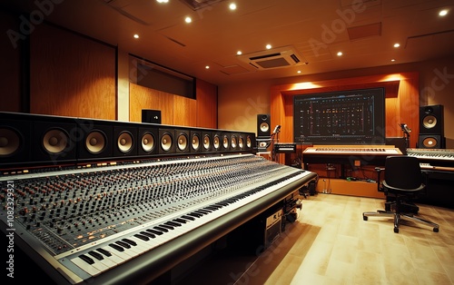 Audio production studio with multiple monitors, digital sound wave displays, advanced mixers, professional equipment for editing and creating music in a hightech environment