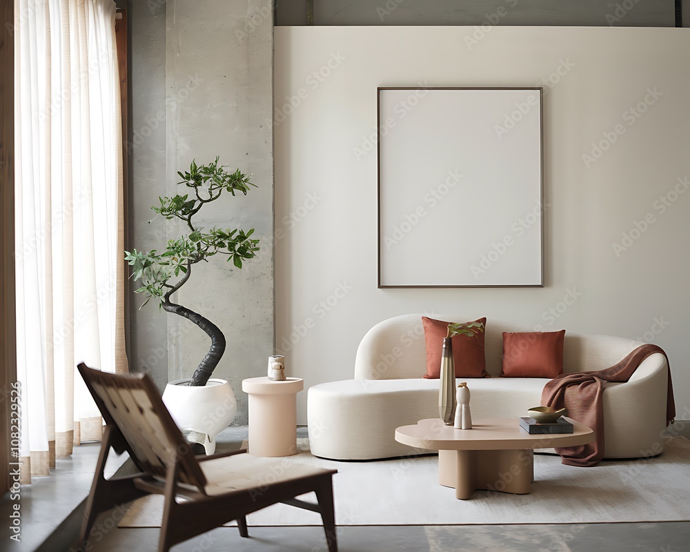 ISO A Paper size Frame Mockup. Living Room Frame Mockup Display. Modern Living Room with Wall Frame Mockup. Stylish Interior with Curved Sofa and Blank Wall Frame Mockup. 3D render ISO A Paper size Frame Mockup. Living Room Frame Mockup Display. Modern Living Room with Wall Frame Mockup. Stylish Interior with Curved Sofa and Blank Wall Frame Mockup. 3D render
