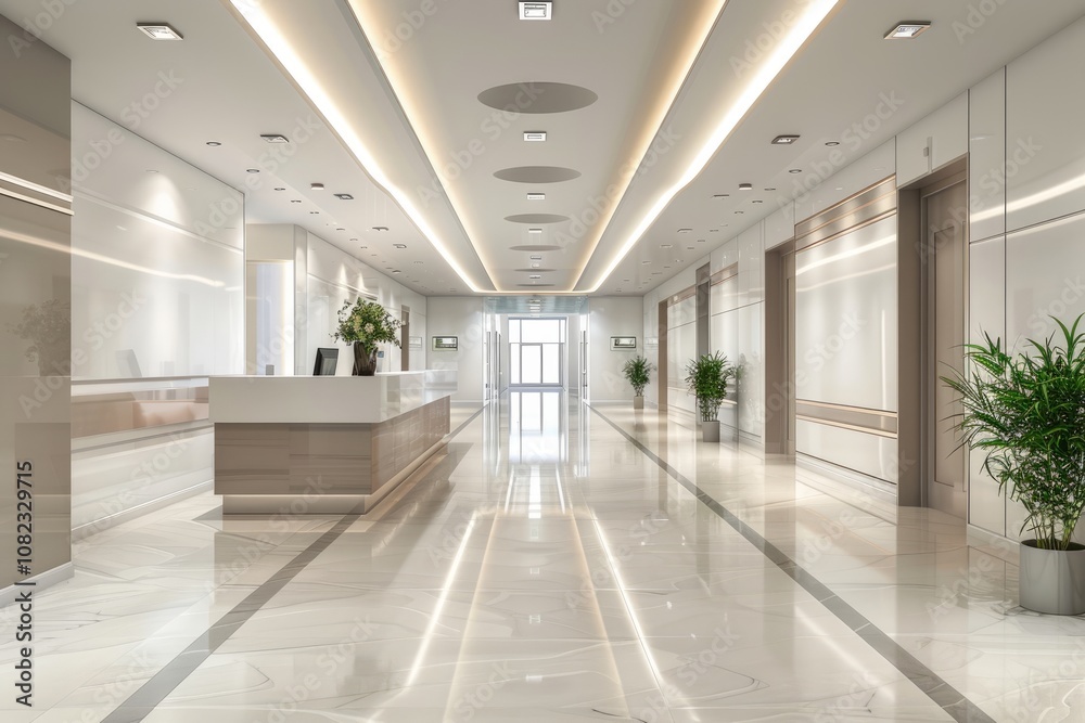 The interior of the reception of a modern office or medical center, an empty bright corridor. The interior of the reception of a modern office or medical center, an empty bright corridor.