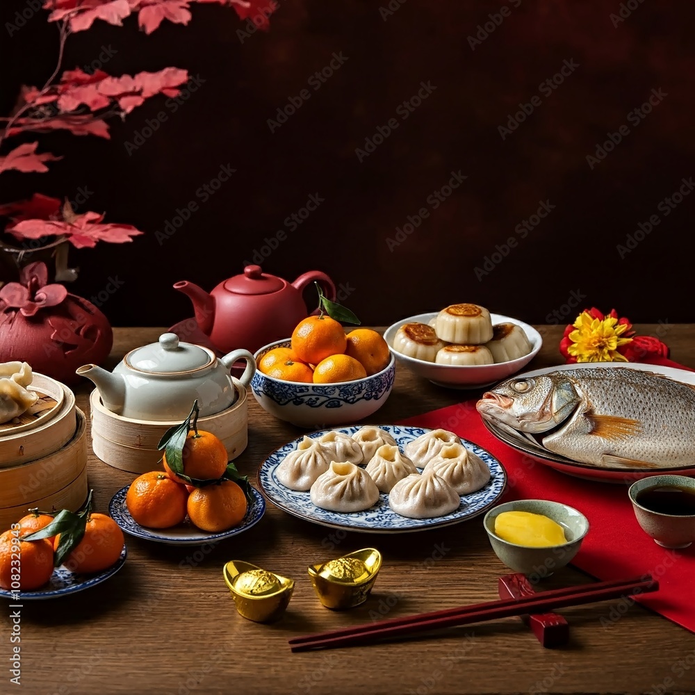A traditional Chinese New Year feast featuring dumplings, mandarins, fish, rice cakes, and a tea set, artfully arranged on a wooden table with a red cloth A traditional Chinese New Year feast featuring dumplings, mandarins, fish, rice cakes, and a tea set, artfully arranged on a wooden table with a red cloth