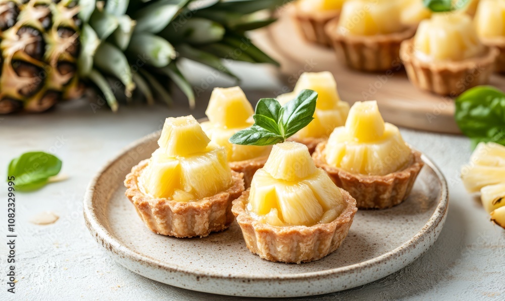 Pineapple tartlets on a plate on light rustic background Pineapple tartlets on a plate on light rustic background