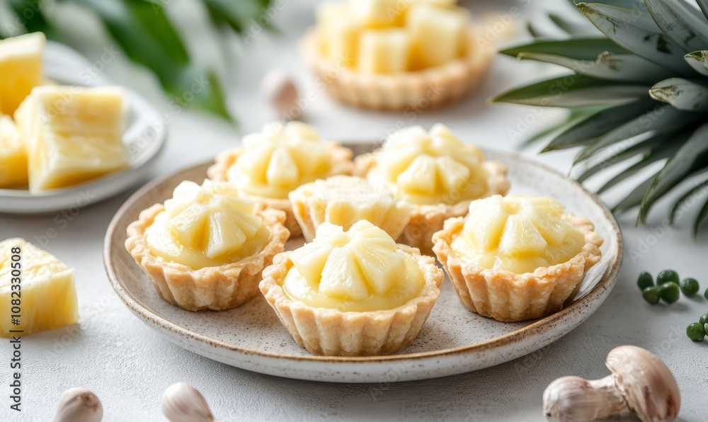 Pineapple tartlets on a plate on light rustic background Pineapple tartlets on a plate on light rustic background