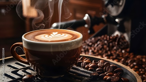 Coffee in the cup with coffee beans in the cafe hot coffee shop espresso made by barista