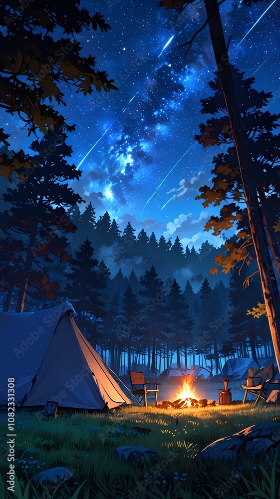 Anime serene nighttime camping scene set in a dense forest Anime serene nighttime camping scene set in a dense forest