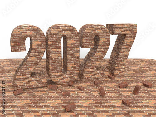 Brick New year inscription 2027 on stone floor. Christmas post idea for building company. 3d rendering