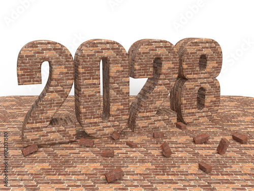 Brick New year inscription 2028 on stone floor. Christmas post idea for building company. 3d rendering