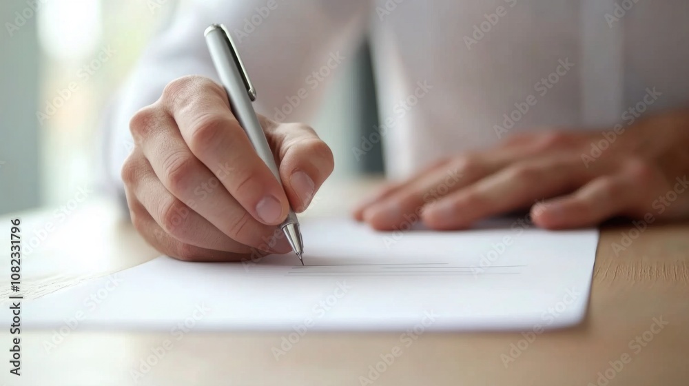 A person sits at a wooden table, carefully writing on a blank sheet of paper with a silver pen, displaying deep concentration and diligence in their work A person sits at a wooden table, carefully writing on a blank sheet of paper with a silver pen, displaying deep concentration and diligence in their work