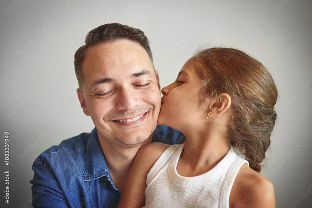 Happy, father and daughter with kiss on cheek at house for love, security and bonding together of relationship. Smile, girl and man with embrace for affection, care and connection with development