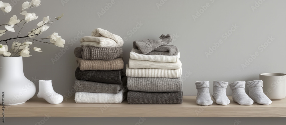 Obraz premium A shelf with a pile of knitted items and a pair of baby socks. The knitted items are of various colors and textures, and the socks are white. Concept of warmth and comfort