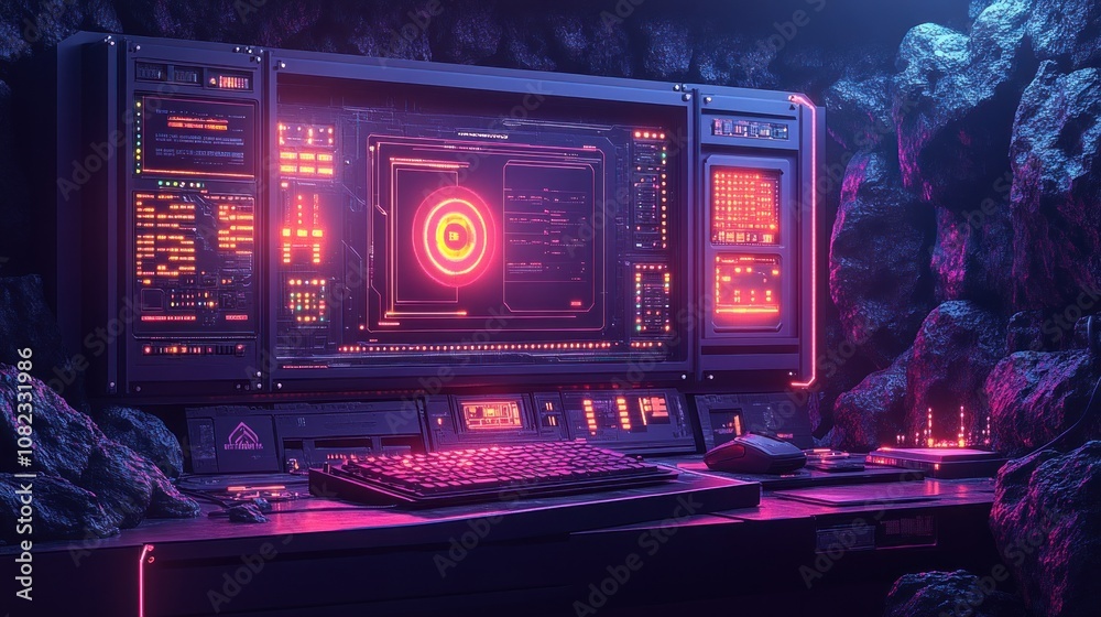 A futuristic computer monitor with glowing red and pink lights in a cave setting. A futuristic computer monitor with glowing red and pink lights in a cave setting.