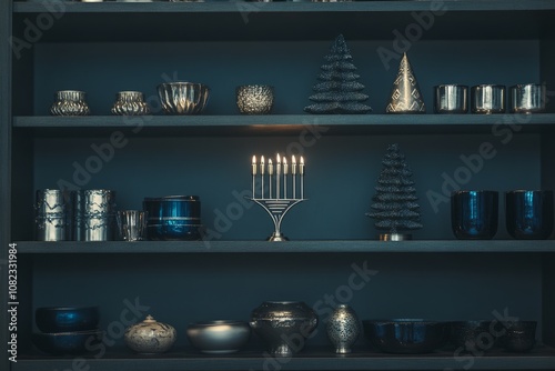 Festive shelf with Hanukkah menorah and silver decor in modern setting photo