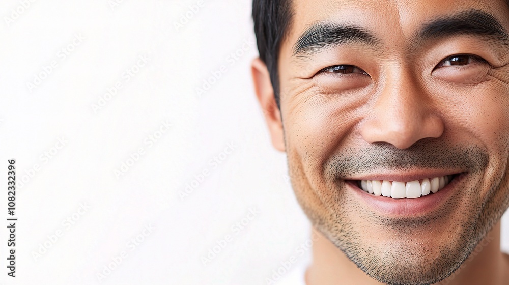 Obraz premium Closeup Portrait of a Joyful Asian Man Smiling, Isolated on a White Background, Showcasing Genuine Happiness and Positive Energy in a Serene Atmosphere