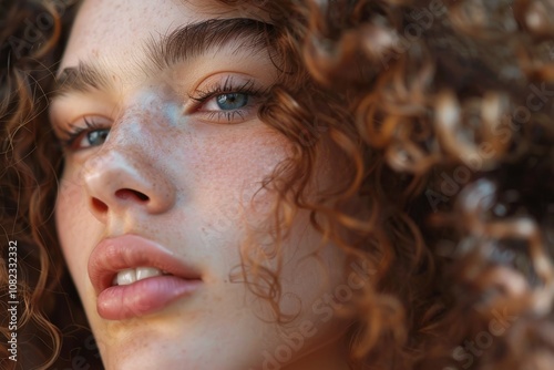 Close-up of a Woman with Curly Hair and Freckles