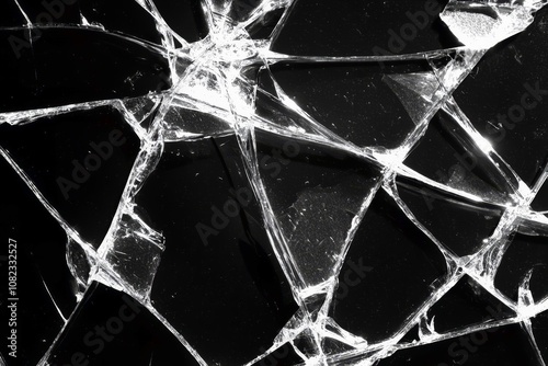 A broken glass window pane on a black background. photo