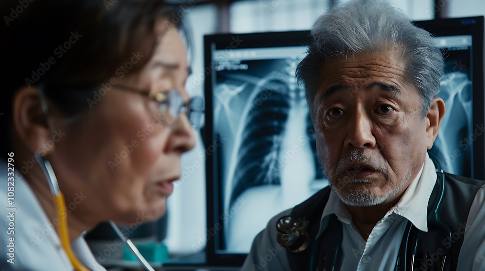 Cinematic still of an Asian doctor and patient. The male doctor is in his fifties with gray hair, wearing medical attire while looking at a chest X-ray on a screen next to him. Cinematic still of an Asian doctor and patient. The male doctor is in his fifties with gray hair, wearing medical attire while looking at a chest X-ray on a screen next to him.