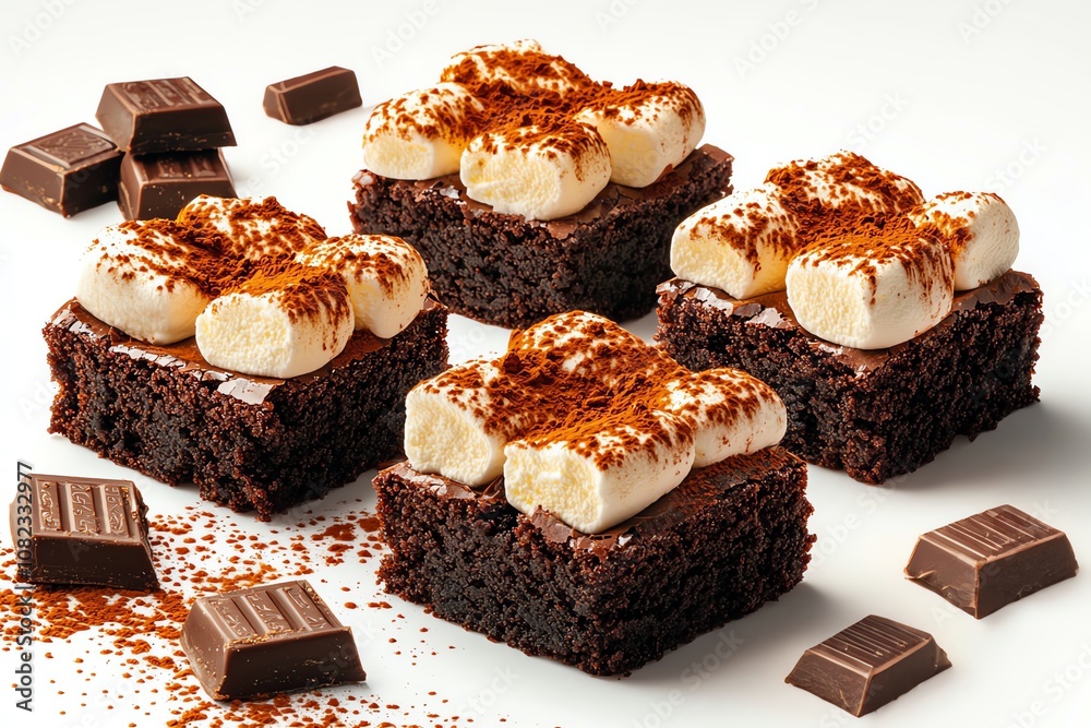 Delicious chocolate brownies topped with cream and cocoa, perfect for dessert lovers.
