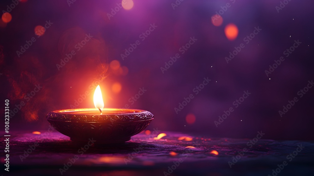 Single Diwali oil lamp with dramatic flame against purple gradient background, featuring bokeh effects and sparkles creating mystical, cinematic atmosphere. Single Diwali oil lamp with dramatic flame against purple gradient background, featuring bokeh effects and sparkles creating mystical, cinematic atmosphere.