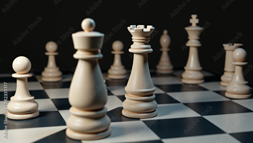 A chessboard with strategically placed pieces, showcasing a game in progress. The focus on the white queen and king hints at strategy, intellect, and decisions. A chessboard with strategically placed pieces, showcasing a game in progress. The focus on the white queen and king hints at strategy, intellect, and decisions.