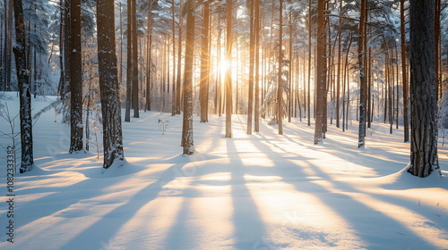 A tranquil forest glade blanketed in snow, with sunlight filtering through the trees and casting long shadows on the ground. Christmas and New year greeting card background. Winter holiday banner web